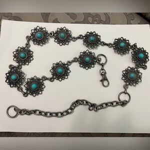 Turquoise Silver tone Floral concho belt Western Bohemian style sz 31-40